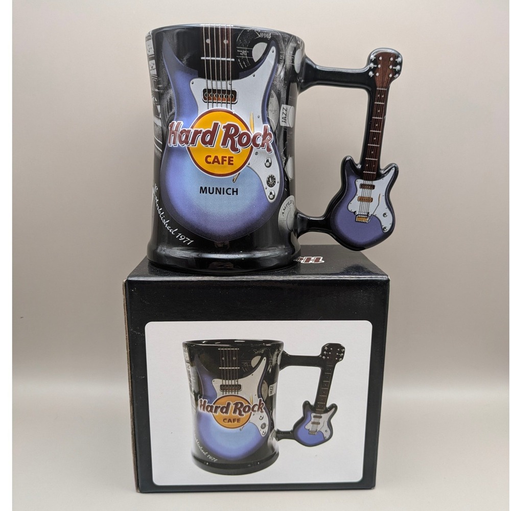 Hard Rock Cafe Munich Coffee Mug Blue Guitar Retro Rock Graphics 18 oz - NIB